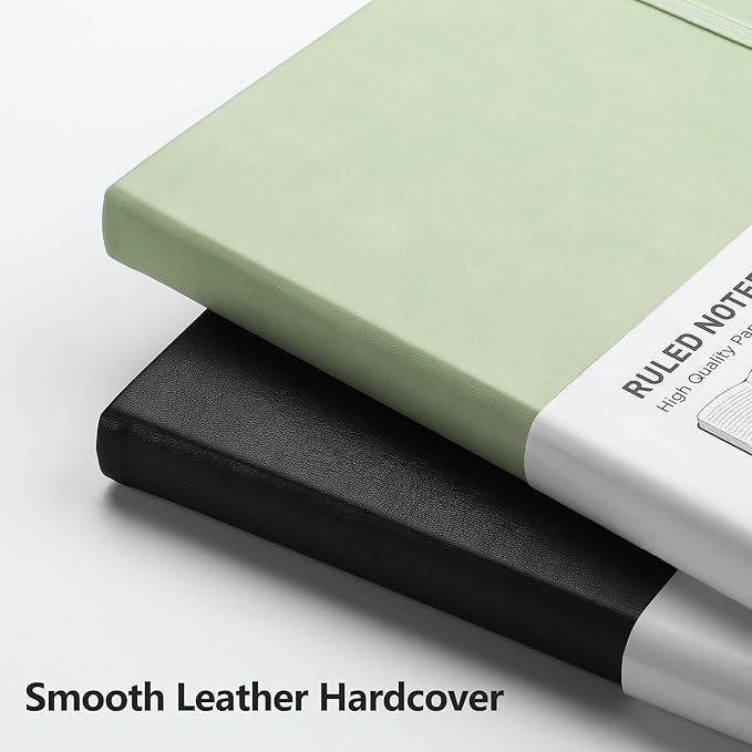 RETTACY Lined Journal Notebook, 2-Pack, 192 Numbered Pages per Pack, A5 Medium Size (5.7'' x 8.3''), for Men & Women, Writing, Work, Leather Hardcover, 100 GSM Thick Paper (Black & Light Green)