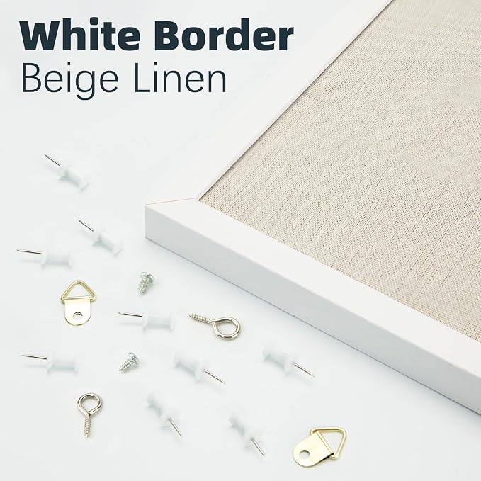 OWLKELA Linen Cork Bulletin Board, 11"x14.6" | White Wood Frame, with 10 Pushpins, Ideal for School, Home and Office