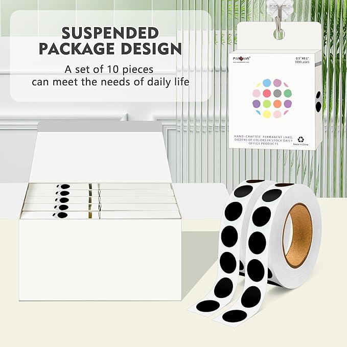 PARLAIM 1/2 Inch Diameter Dot Stickers, 10 Rolls 10000pcs Black Self-Adhesive Color-Code Dot Stickers Permanent Adhesive Round Circle Labels for Office