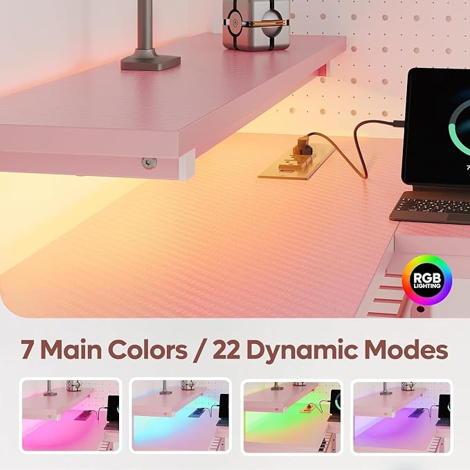 Bestier 42-Inch Pink L-Shaped Gaming Desk with Charging & LED | Charging 2AC+USB+Type-C, RGB LED 20 Colors/22 Modes, Reversible Shelves, Carbon Fiber Texture, Headset Hook, Small Space