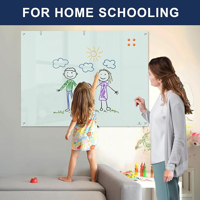 Glass Dry-Erase Board - 48 x 36 Inches Wall Mounted Glass Whiteboard, Large Frameless Magnetic White Board for Office, Home & School, White