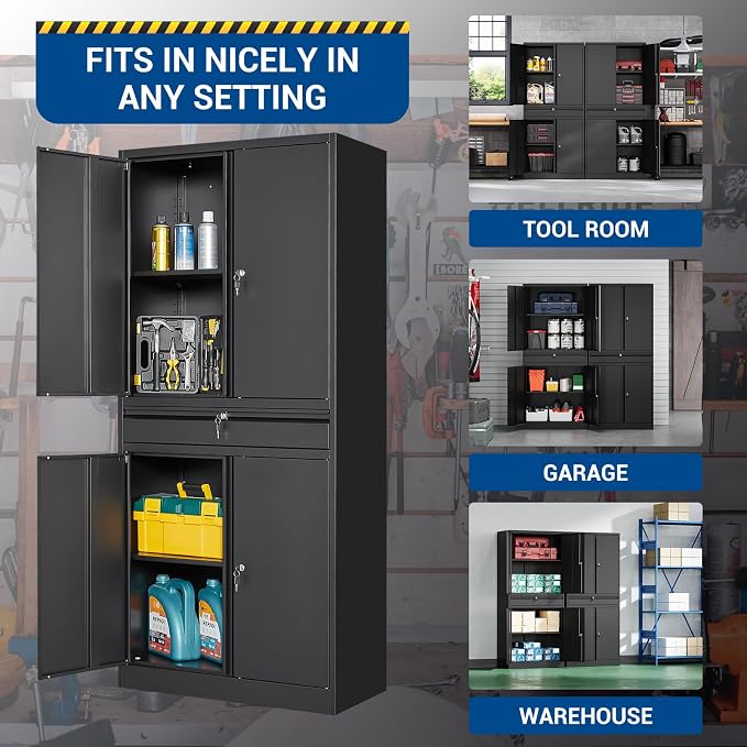 Fesbos 71" Metal Cabinet-Black Heavy Duty Storage File Cabinet Steel Tool Cabinets with Shelves, Lockable Doors and Drawers- for Garage, Pantry, Warehouse - Assembly Required