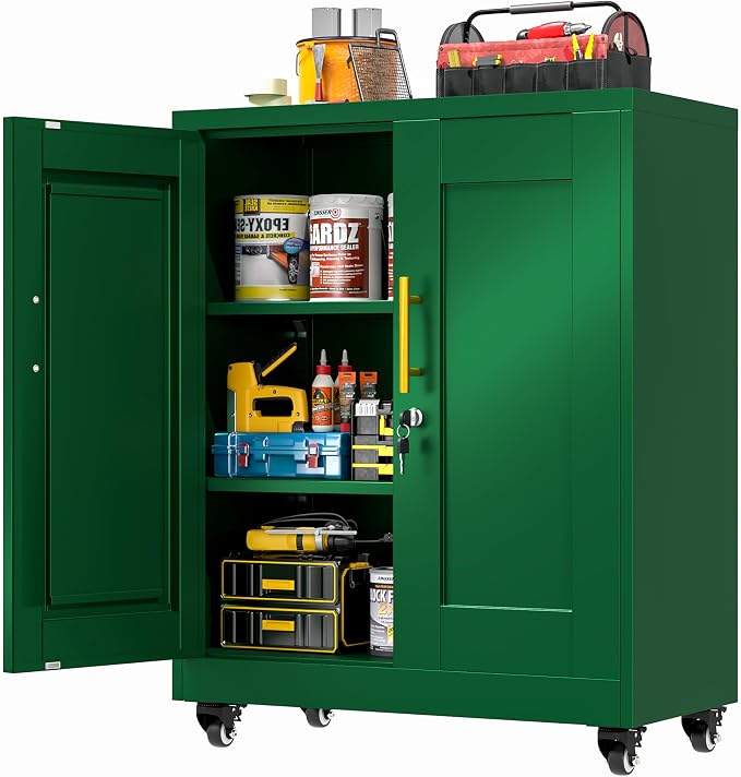 PAOFIN Metal Storage Cabinet-35” Tall Steel File Cabinets with Lockable Doors and Adjustable Shelves, Steel Tool Cabinet with Wheel for Home, School, Office, Garage Green
