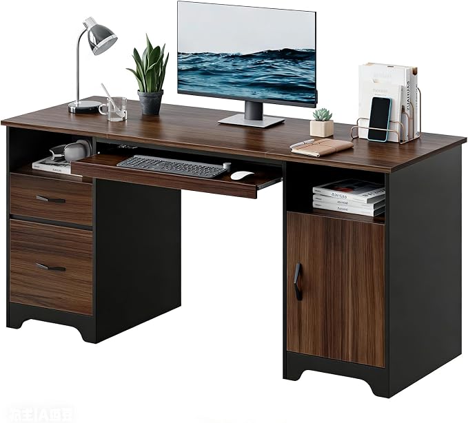 Bestier 59" Office Desk with File Drawer, Keyboard Tray & 2 Drawers, Cherry | File Drawer For Letter/A4/Legal Folders, 2 Storage Drawers, Keyboard Tray, Cable Management, 200 LBS Capacity, Cherry Finish