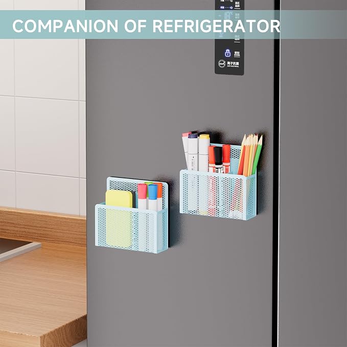 Marbrasse Magnetic Dry Erase Marker Holder, Mesh Pen Holder for Whiteboard，Magnet Pencil Organizer Storage for Refrigerator Locker Accessories Organizer for Home, School and Office (Blue 4p)
