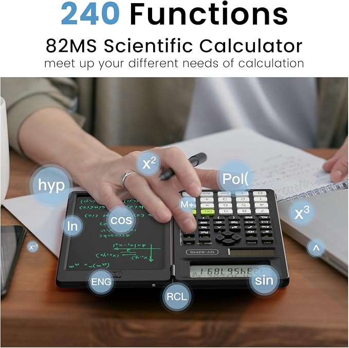 82MS Scientific Calculators School Supplies with Notepad ROATEE Black Stuff | Middle and High Back to School Girls Cute Stuff for Student, 240 Functions Foldable 2-Line Display Solar and Battery Power