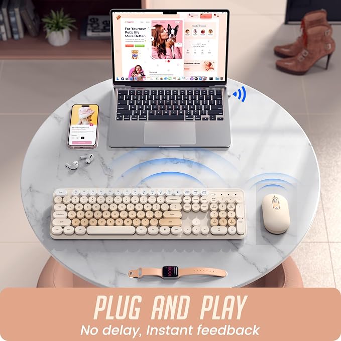 Wireless Keyboard and Mouse, Full-Sized Typewriter Keyboard Silent, Creamy | USB Full-Sized Quiet Keyboard, Cute Colorful Round Keycaps, Plug & Play, Compatible with PC, Computer, Laptop