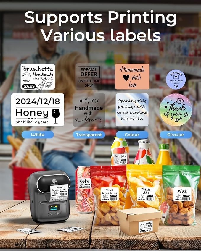 Phomemo Label Printer M110- Upgraded Barcode Label Maker Machine- Gray | Sticker Printer for Small Business, Address, Office, Home for Phone; for PC/Mac(USB), with 100 Labels