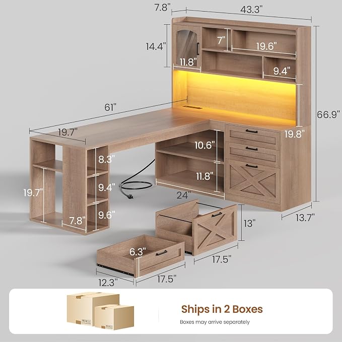SEDETA 61" L Shaped Office Desk with Drawers and Storage, Light Brown | Computer Desk with Storage Shelves and Power Outlet, Corner Gaming Desk with LED Light and Display Cabinet for Home Office