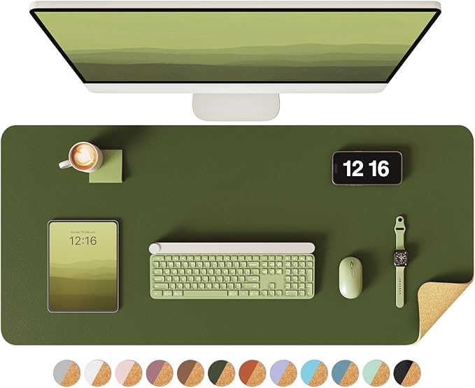 YSAGi Double-Sided Desk Pad, 35.4"x17"Leather Desk Mat, Eco Cork Desk Pad Protector,Large Mouse Pad,Waterproof Desk Blotter for Office/Home(Olive Green)