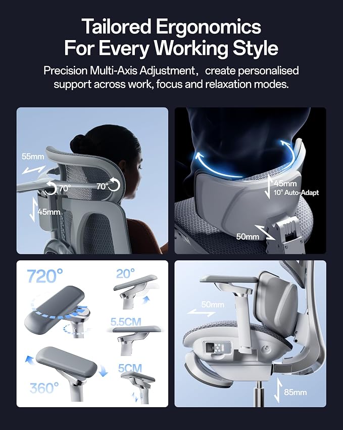 Hbada X7 Smart Ergonomic Chair, Office Chair, with Fully Automated Lumbar Tracking, 4D Adjustable Headrest, 720° Adjustable Armrests, Ventilated Seat Cushion, Swivel, Grey