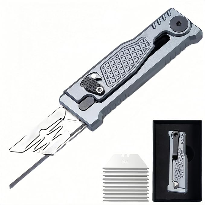 5.8" Aluminium Utility Knife, EDC Box Cutter with Clip, CNC Unibody, Lightweight All Metal Folding Box Cutter, Ideal Gifts for Men Women, with 10 Extra Blades（Grey）