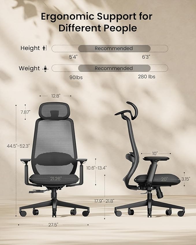 ProtoArc Ergonomic Office Chair – EC200 High-Back Mesh Computer Chair with Lumbar Support, 3D Adjustable Headrest & Sliding Seat for 8+ Hour Comfort, Big & Tall Home Office Desk Chairs - Black
