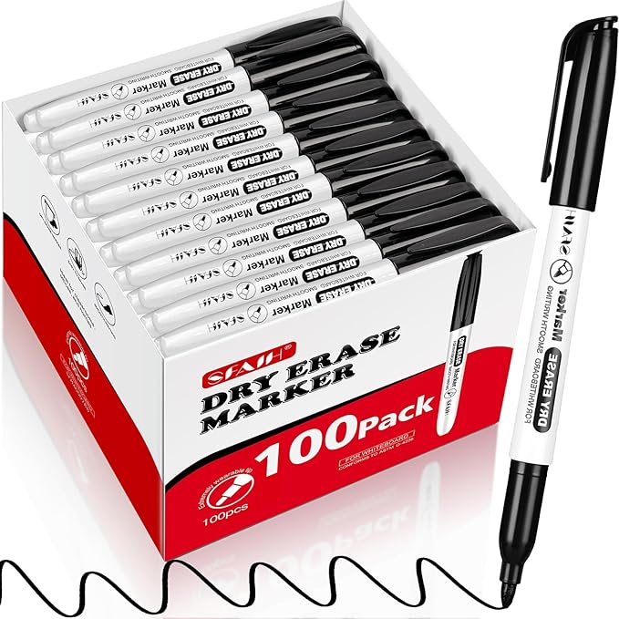 SFAIH Fine Tip Dry Erase Markers - 100 Pack Black Whiteboard Markers for Training Centers, Conference Rooms & Multi-Classroom Use | Low-Odor, Non-Toxic, Easy Clean