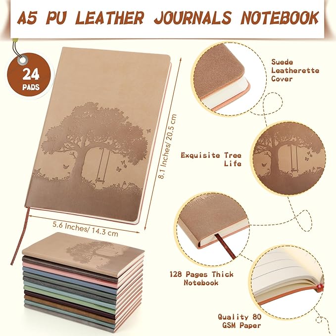 TaoBary 24 Pcs Employee Appreciation Gift A5 PU Leather Journals Bulk Colorful Tree Lined Journal Notebook Soft PU Leather Cover Ruled Writing Notebook for Office School Teacher Nurse (Assorted Colors)