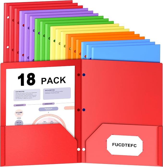 18 Pack Folders with Pockets, Plastic 3 Hole Punched Binder Folders with Business Card Holder, Colored Decorative File Folders for Documents, Filing Cabinet, School, Office, Business | 6 Color, Decorative, File Folders, Business Card Holder, for Docume...