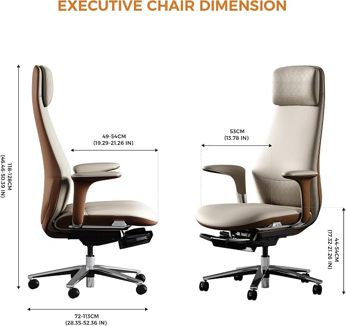 TOMU Executive Office Chair with Foot Rest, Top Grain Genuine Leather Office Chair, Ergonomic High Back Design. Real Leather, Wheels, Alumium Base. Padded Armrest, Luxury and Comfy (Beige)