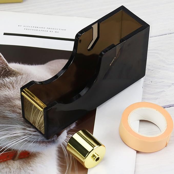 Acrylic Black Tape Dispenser Gold for Desk Masking Tape Cutter Holder 1-Inch Core Office Tape Dispenser