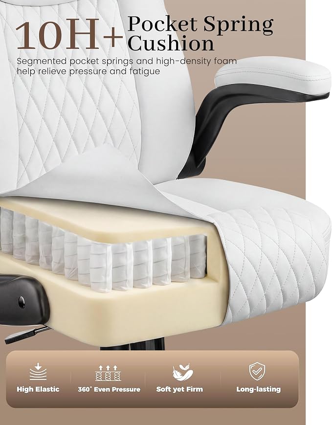 COMHOMA Mid-Back Office Chair, Ergonomic PU Desk Chair with Flip up Arms, Small Computer Gaming with Comfy Lumbar Support,Rocking Function,Sturdy Metal Base, White