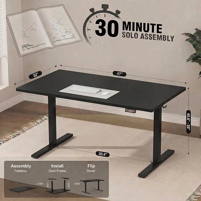 Grandder 47x32 Large Electric Standing Desk, Height Adjustable Computer Desk with 2 Memory Presets, 31.5" Deep Desktop Sit Stand Desk Home Office Desk Workstation Table with Hooks, Black