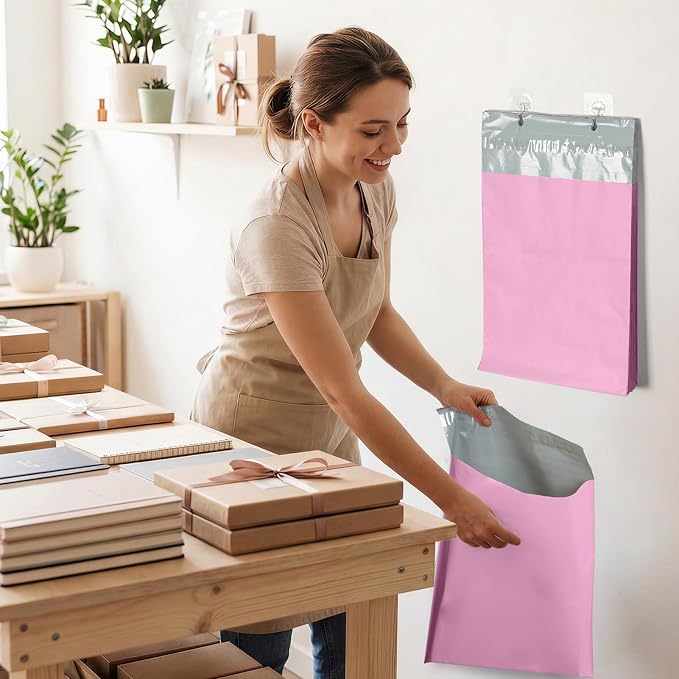 Fuxury Poly Mailers 12x15.5" 100PC Pink Shipping Bags for Clothing with Easy-Open Tear Strip & Easy-Store Hanging Holes, Strong Self-Seal Waterproof Shipping Envelopes Mailing Bags for Small Business