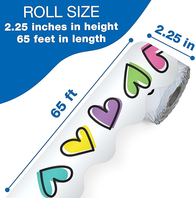 Carson Dellosa Kind Vibes 65Ft of Colorful Heart Bulletin Board Borders, 1 Roll of Scalloped Trim for Rolling Whiteboard, Posterboard, Party, Valentines Day Decorations, and Classroom Decor