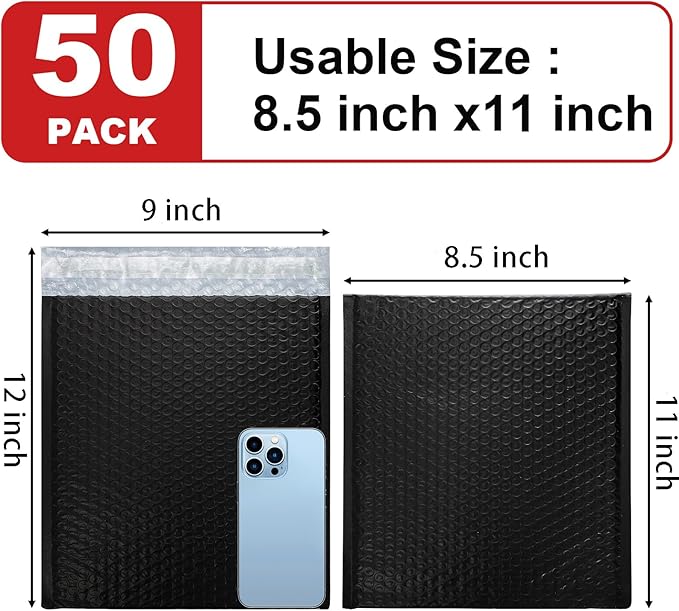 Nicunom 50 Pack Bubble Mailers 8.5 x 12", Usable Size 8.5 x 11" Self Seal Padded Envelopes Opaque Poly Wrap Bubble Bags Waterproof Shipping Bags for Small Busines Mailing Packaging, Black