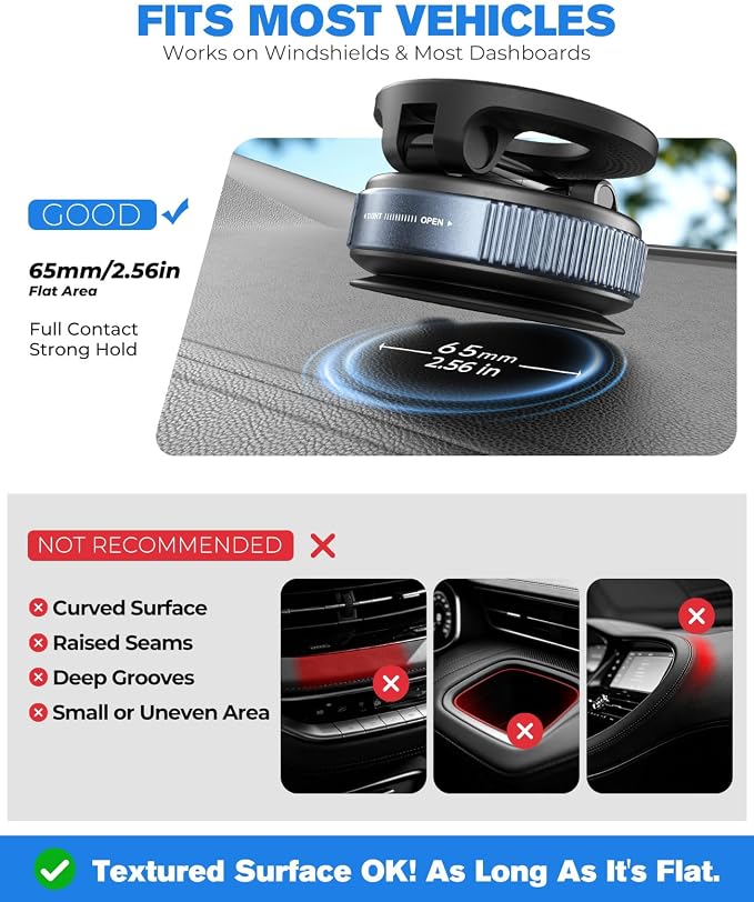 Jononser Magnetic Car Phone Holder for MagSafe, Nano-Gel Suction Cup Car Phone Mount for Car Dashboard & Windshield, Pocket-Size Foldable 360° Adjustable Car Mount for iPhone 17 16 15 14 13 12 Series