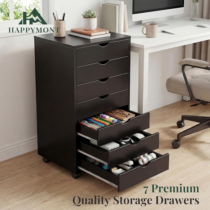 7 Drawer Mobile File Cabinet, Printer Stand with Wheels | Wood Under Desk Storage Cabinet, Rolling Printer Cart, Vertical Filing Chest for Small Space, Home Office, Living Room, Black