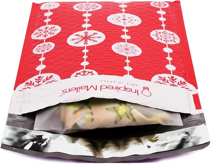 Bubble Mailers 6x9" - Red Snowflake Baubles with Writable Area - 10 Pack - Holiday Poly Padded Envelopes and Bubble Shipping Mailers