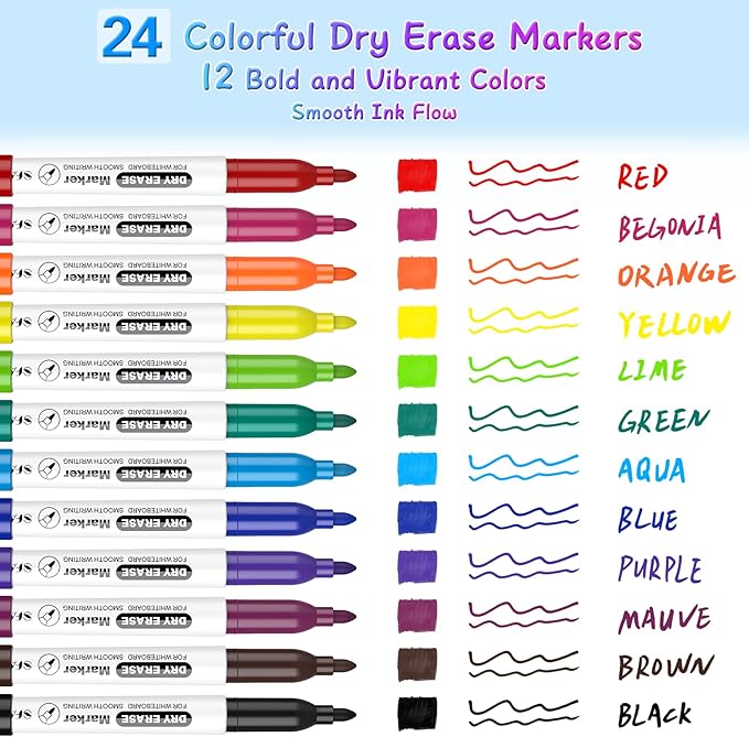SFAIH Fine Tip Dry Erase Markers - 72 Pack 12 Colors Whiteboard Erasable Markers Bulk, Ideal For Teachers, Offices and Creative Projects, Non-Toxic Easy Clean