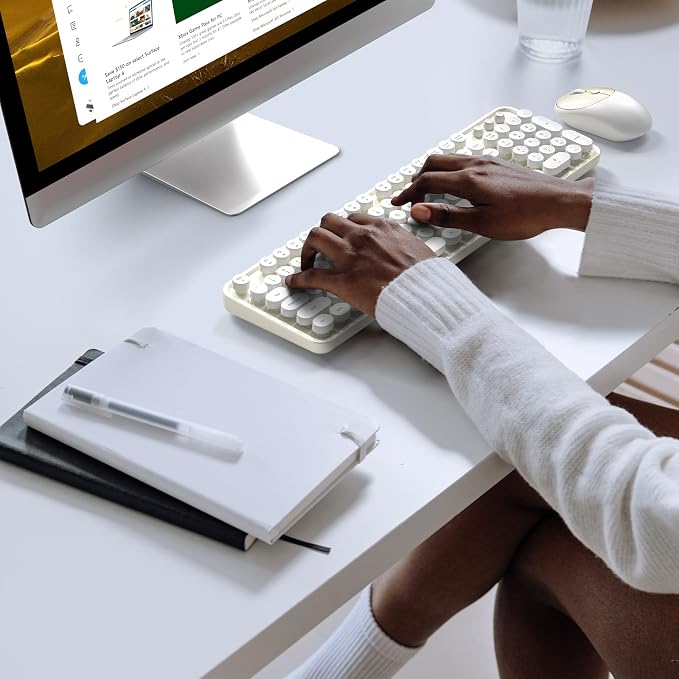 KNOWSQT Wireless Keyboard and Mouse Combo - White-Milky Full-Sized 2.4 GHz 104 Keys Typewriter Cute Keyboard, Round Keycap and Optical Mouse for Windows, Computer, PC, Laptop, Desktop