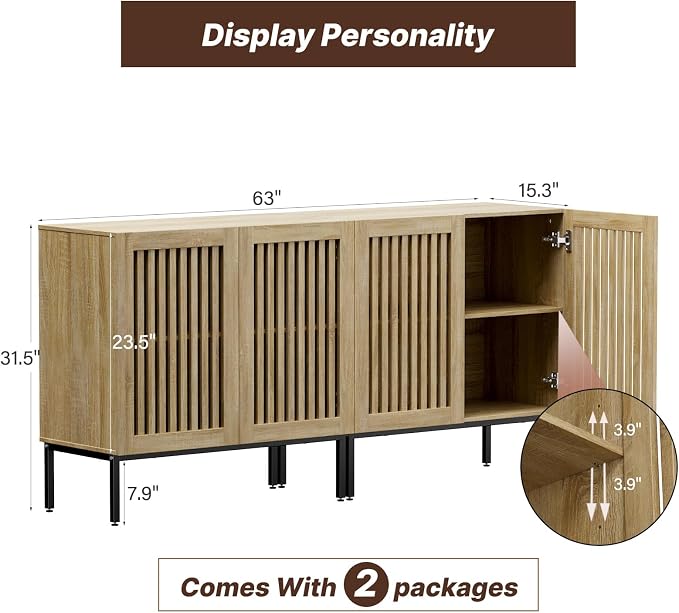 BVIUNTWO Buffet Cabinet with Storage,Set of 2 Farmhouse Console Table with Metal Base and Adjustable Shelf,Sideboard Coffee Bar Cabinet with 4 Doors for Kitchen,Dining Room,Living Room,Oak