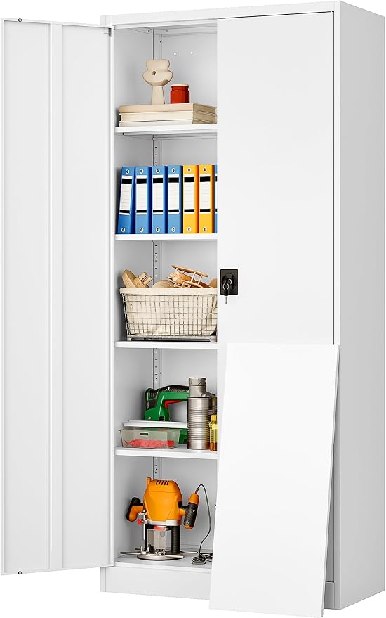 Wide & Deep Metal Storage Storage Cabinet with Adjustable Shelves,White Metal Cabinet with Lock,Steel Pantry Cabinets,72" Lockable Cabinets for Home,Office,Garage,Kitchen,Shop