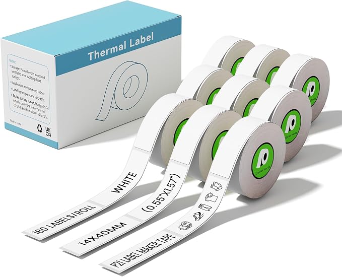 9 Rolls wihte P21 Thermal Label Maker Tape Compatible with Nelko P21 | Compatible with Nelko P21,ORGBRO X1,NADAIIN N12,ORGSTA S001,POLONO P31S,14x40mm, 180 Tapes/Roll