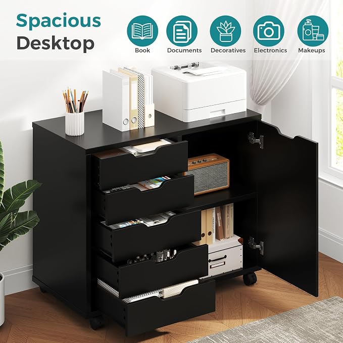 OLIXIS 5-Drawer Rolling Mobile File Cabinet Wood Printer Stand with Storage | Under Desk Storage with Locking Casters Adjustable Shelf, Wood Top 100 lbs Capacity for Home Office Organizer Compact, Black