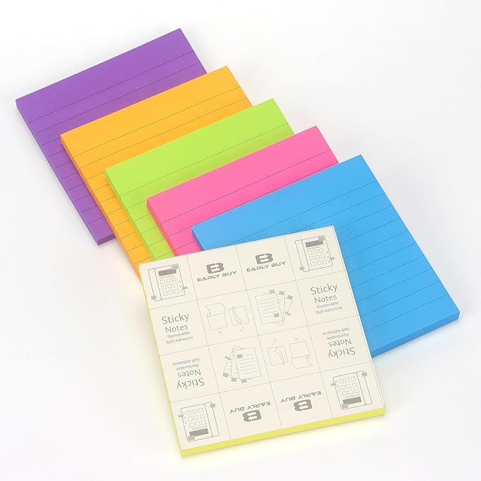 Early Buy Lined Sticky Notes 4x4 in, 6 Bright Colors, 6 Pads, 60 Sheets/Pad | self-stick repositionable design, great for lists, memos, and daily organization