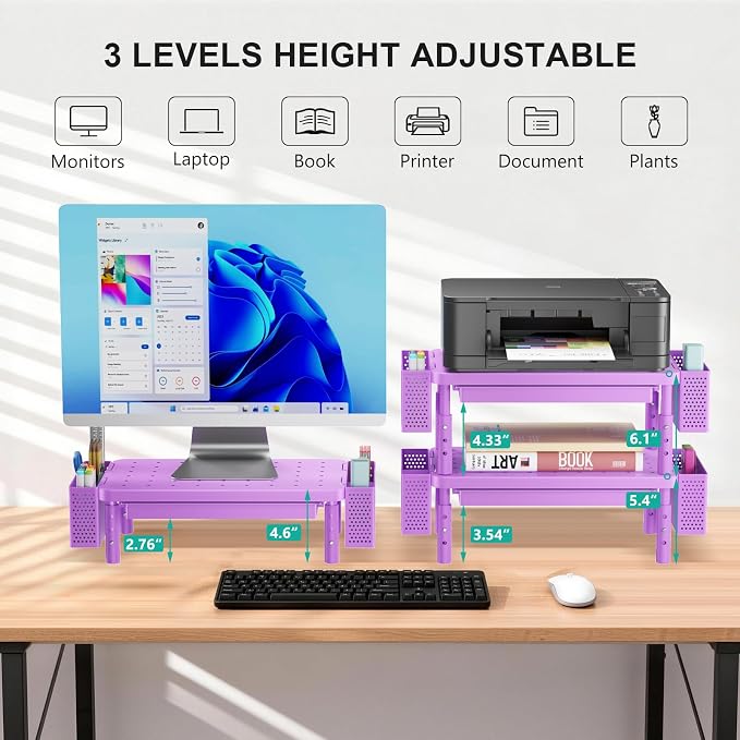 WALI Computer Monitor Stand with Storage and Pen Holder | 3 Height Adjustable Desk Organizer with Drawer, Desk Laptop Monitor Riser for Computer, Printer(PTT003-V), 1 Pack, Violet
