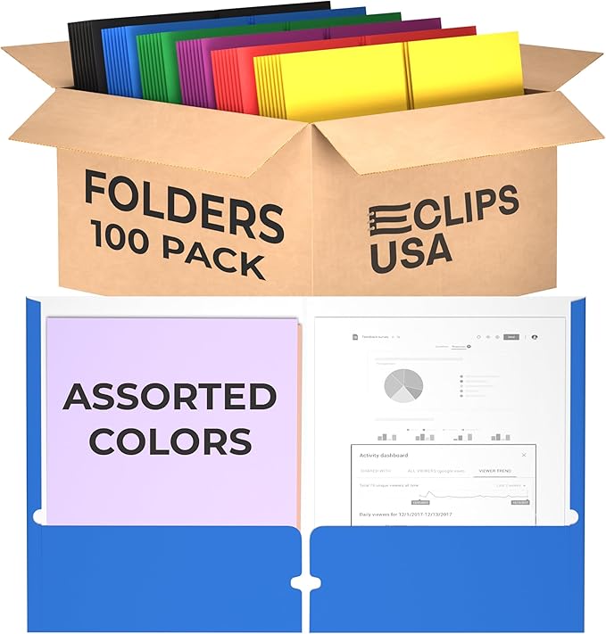 Folders with Pockets 2 Pocket Folders Bulk, Holds 100 Sheets (50 per Pocket) Assorted Colors, Office Or School (100 Pack)
