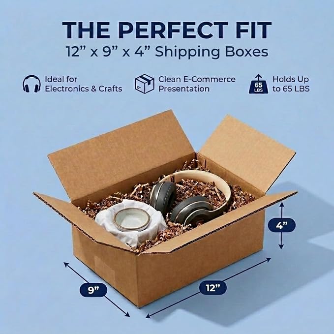 BOX USA Shipping Boxes Flat 12"L x 9"W x 4"H, 25-Pack | Corrugated Cardboard Box for Packing, Moving and Storage