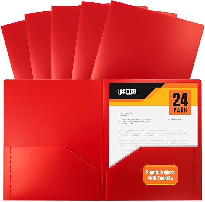 Better Office Products Heavyweight Plastic 2 Pocket Portfolio Folder, Letter Size Poly Folders 24 Pack (Red)