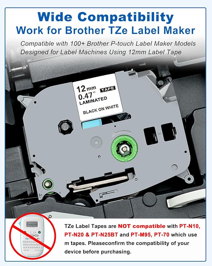 Compatible with Brother TZe TZ Tape 12mm 0.47 Laminated White TZe-231 | P Touch Label Maker Tape TZe231 Refills, Compatible with Brother PT-D210 D220 D400 H110, Black on White, 12mm x 8m, 6-Pack
