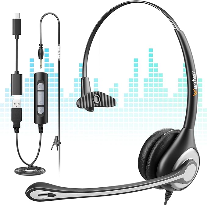 Wantek 3-in-1 USB/3.5mm/Type-C Headset with Noise Canceling Mic, Mono Computer Headphones with in-Line Controls for PC, Laptop, Office