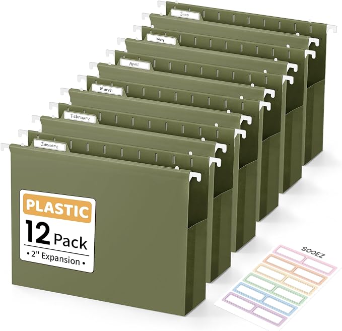 Sooez Extra Capacity Plastic Hanging File Folders, File Organizer | 12 Counts Expanding File Folders Letter Size with 2" Expansion, 1/6-Cut Adjustable Tabs for File Cabinet, Drawer, Green