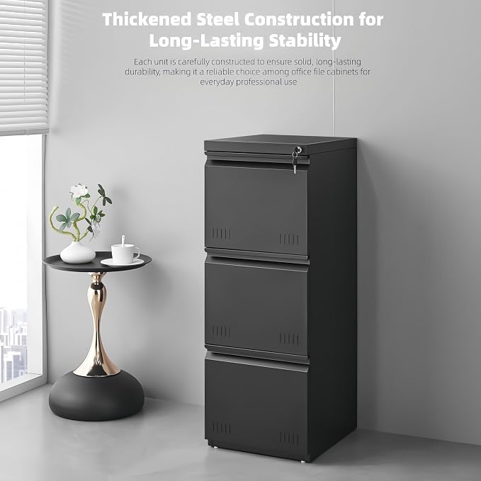 Approgreent Vertical 3 Drawer File Cabient with Lock, Metal Filing Cabinets for Home Office, Heavty Duty Office Storage Cabinet for A4/Letter/Legal (Matte Black)
