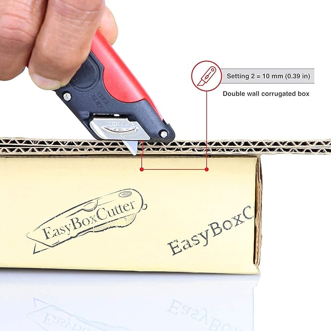 Modern Box Cutter, Extra Tape Cutter at Back, Dual Side Edge Guide, 3 Blade Depth Setting, 2 Blades and Holster - 2000 Red STD