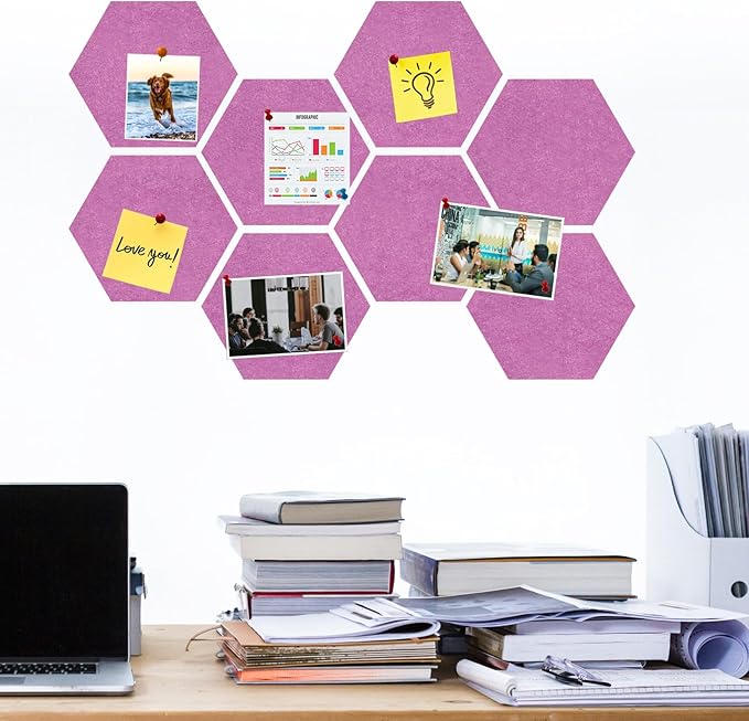 Large Hexagon Felt Cork Board Tiles, Self Adhesive DIY Felt Bulletin Board Pin Board with 35 Pushpins for Office School Home Wall Decor Stickers Memos Photos Display(Light Purple)