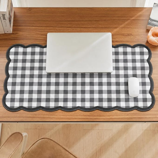 Ohocut Scalloped Gingham Checkered Desk Pad，Black：31.5" x 15.7" | Large, Premium Faux Leather, Anti-slip Bottom, Water Repellent, Easy to Clean, Aesthetic Trendy Design
