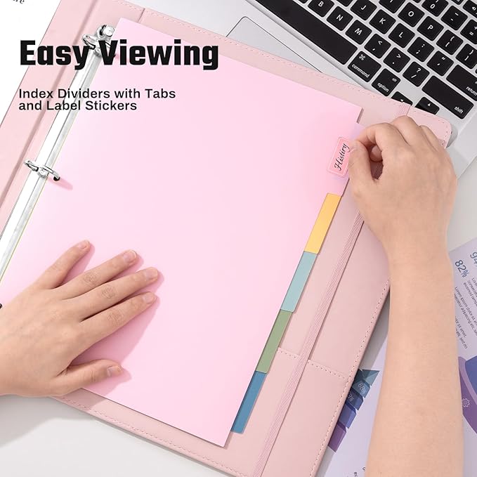 Pink 3 Ring 1 inch PU Leather Professional Binder Organizer with Dividers Suitable for 8.5 x 11 Letter Size Paper Cute Loose Leaf Binder with Pocket for School Work