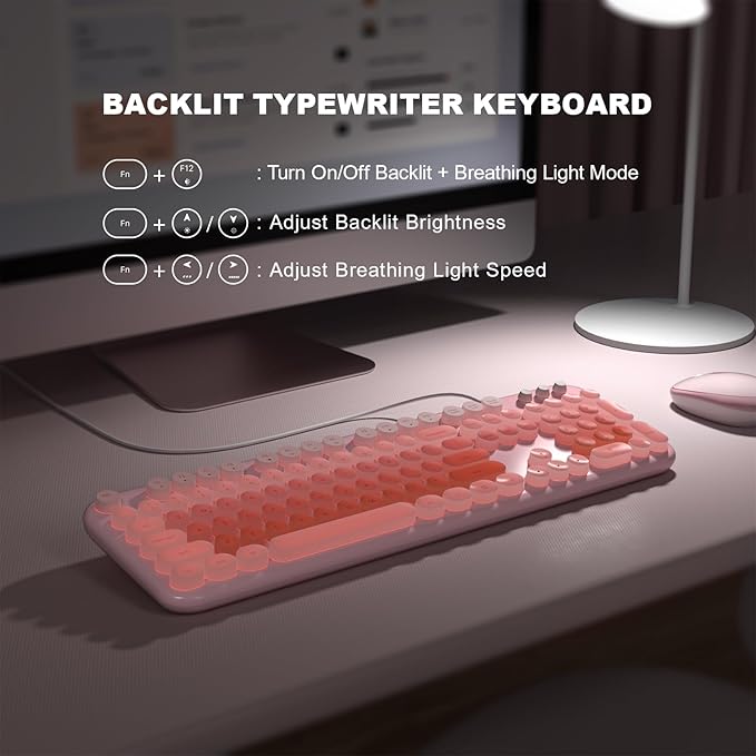 Computer Keyboard Wired, Plug and Play USB Retro Round Typewriter Keyboard, Full Size Wired Keyboard with Foldable Stands for Laptop and Office PC
